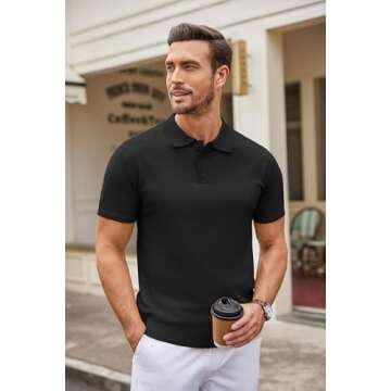 COOFANDY Mens Knit Polo Shirts Quarter Button Shirts Casual Lightweight Short Sleeve Golf T Shirt Black