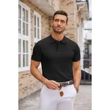 COOFANDY Mens Knit Polo Shirts Quarter Button Shirts Casual Lightweight Short Sleeve Golf T Shirt Black