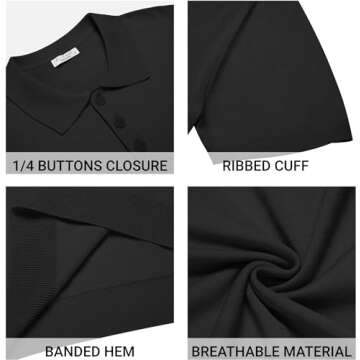 COOFANDY Mens Knit Polo Shirts Quarter Button Shirts Casual Lightweight Short Sleeve Golf T Shirt Black