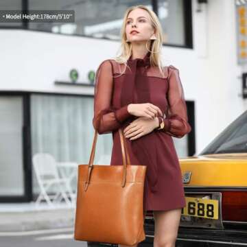 Kattee Vintage Genuine Leather Tote Shoulder Handbag for Woman with Adjustable Handles (Light Brown)