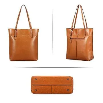 Kattee Vintage Genuine Leather Tote Shoulder Handbag for Woman with Adjustable Handles (Light Brown)