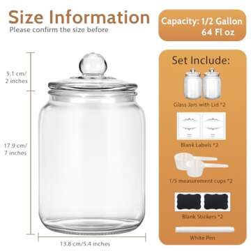 YoenKtss 1/2 Gallon Glass Storage Jars for Laundry Room Organization, 2 Pack Apothecary Jars with Lids, Flour Sugar Storage Containers for Kitchen