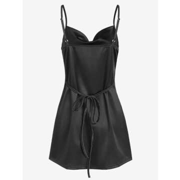 ZAFUL Women's Satin Sleeveless Spaghetti Strap Mini Dress Sexy Slip Cowl Neck Silky Cocktail Party Dresses(Black, XS)