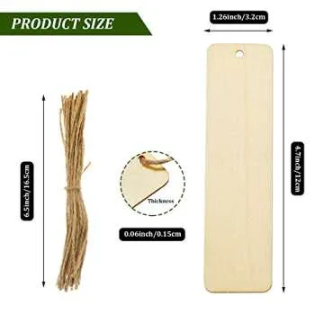 Zonon 36 Pieces Large Size Wood Blank Bookmarks DIY Wooden Craft Unfinished Hanging Tags Rectangle Blank Bookmark Ornaments with Holes and Ropes for Wedding Graduation Party Decor