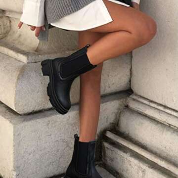 YETIER Women Mid Calf Platform Chelsea Boots Lug Sole Elastic Leather Chunky Block Heel Non-Slip Combat Comfortable Booties