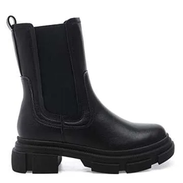 YETIER Women Mid Calf Platform Chelsea Boots Lug Sole Elastic Leather Chunky Block Heel Non-Slip Combat Comfortable Booties