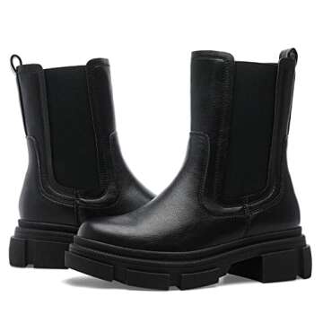 YETIER Women Mid Calf Platform Chelsea Boots Lug Sole Elastic Leather Chunky Block Heel Non-Slip Combat Comfortable Booties