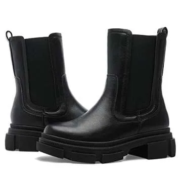 YETIER Women Mid Calf Platform Chelsea Boots Lug Sole Elastic Leather Chunky Block Heel Non-Slip Combat Comfortable Booties