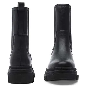 YETIER Women Mid Calf Platform Chelsea Boots Lug Sole Elastic Leather Chunky Block Heel Non-Slip Combat Comfortable Booties