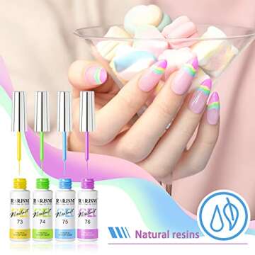RARJSM Nail Art Liner Gel Polish 6pcs Set Marshmallow Pastel Yellow Green Blue Purple Orange Pink Spring Summer Colors Line Gel Painting for Nail Design Bulid in Thin Brush Curing Requires 8ml