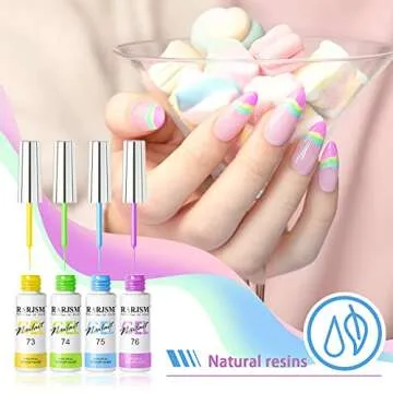 RARJSM Nail Art Liner Gel Polish 6pcs Set Marshmallow Pastel Yellow Green Blue Purple Orange Pink Spring Summer Colors Line Gel Painting for Nail Design Bulid in Thin Brush Curing Requires 8ml
