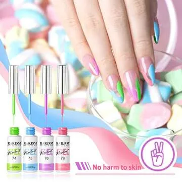 RARJSM Nail Art Liner Gel Polish 6pcs Set Marshmallow Pastel Yellow Green Blue Purple Orange Pink Spring Summer Colors Line Gel Painting for Nail Design Bulid in Thin Brush Curing Requires 8ml
