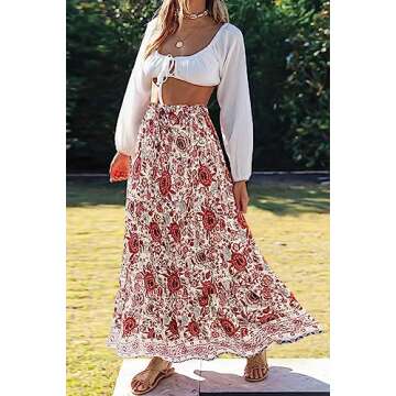 ZESICA Women's Summer Bohemian Floral Printed Elastic Waist A Line Maxi Skirt with Pockets,Floral Wh...