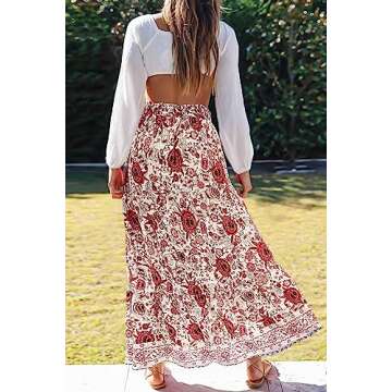 ZESICA Women's Summer Bohemian Floral Printed Elastic Waist A Line Maxi Skirt with Pockets,Floral White,Small