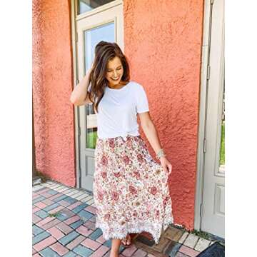 ZESICA Women's Summer Bohemian Floral Printed Elastic Waist A Line Maxi Skirt with Pockets,Floral White,Small