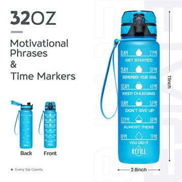 Elvira 32oz Motivational Fitness Sports Water Bottle with Time Marker & Removable Strainer,Fast Flow,Flip Top Leakproof Durable BPA Free Non-Toxic-Blue