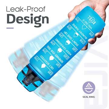 Elvira 32oz Motivational Fitness Sports Water Bottle with Time Marker & Removable Strainer,Fast Flow,Flip Top Leakproof Durable BPA Free Non-Toxic-Blue