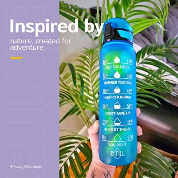 Elvira 32oz Motivational Fitness Sports Water Bottle with Time Marker & Removable Strainer,Fast Flow,Flip Top Leakproof Durable BPA Free Non-Toxic-Blue