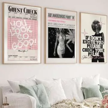 Vintage Pink Canvas Wall Art Set of 3 Funky Hot Girl Pictures You Look So Good Poster Preppy Trendy Paintings Home Wall Decor Aesthetic Disco Ball Bar Cart Prints for Apartment Dorm (12x16in) Unframed