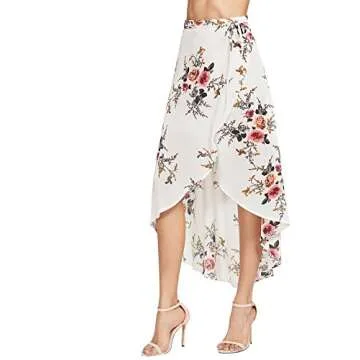 WDIRARA Women's High Waist Asymmetrical Beige Floral Print Dip Hem Wrap Skirt Multicolor M