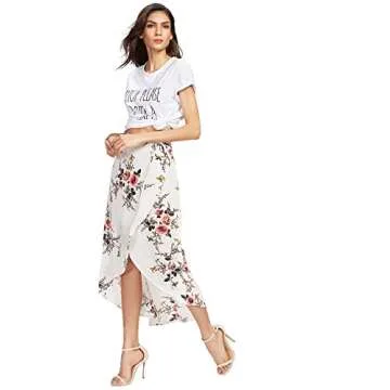 WDIRARA Women's High Waist Asymmetrical Beige Floral Print Dip Hem Wrap Skirt Multicolor M