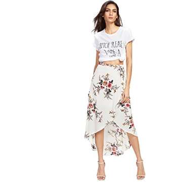 WDIRARA Women's High Waist Asymmetrical Beige Floral Print Dip Hem Wrap Skirt Multicolor M