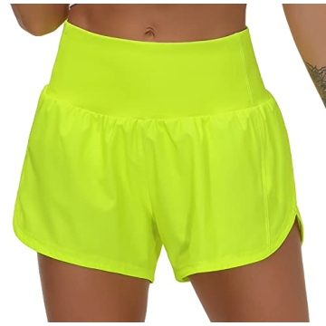 THE GYM PEOPLE Womens High Waisted Running Shorts Quick Dry Athletic Workout Shorts with Mesh Liner Zipper Pockets (Light Yellow, Large)
