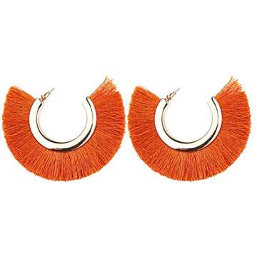 Mina Bohemian Statement Boho Tassel C Shape Fringe 3 Inch Drop Updated Ethnic Warrior Hoop Orange Earrings