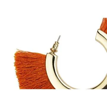 Mina Bohemian Statement Boho Tassel C Shape Fringe 3 Inch Drop Updated Ethnic Warrior Hoop Orange Earrings