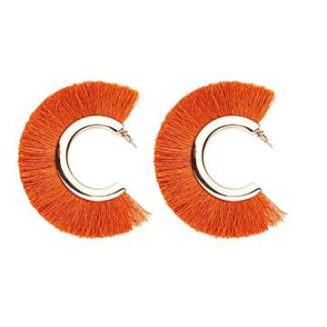 Mina Bohemian Statement Boho Tassel C Shape Fringe 3 Inch Drop Updated Ethnic Warrior Hoop Orange Earrings