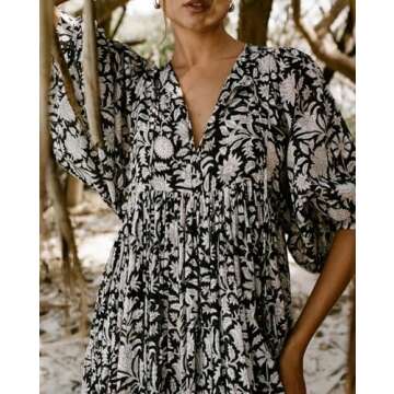 Womens Summer Dresses Casual Boho Floral Babydoll Balloon Sleeve Half Open Tether Flowy Short Beach ...