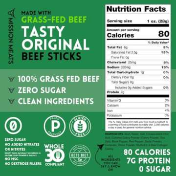 Mission Meats Grass Fed Beef Sticks – Sugar Free Beef Sticks, Gluten Free, Whole 30, Paleo, Keto Meat Sticks, Sugar Free Jerky Beef Sticks Individually Wrapped, 1oz (Original, Pack of 12)