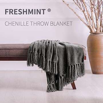 FRESHMINT Throw Blanket Soft Fluffy Chenille with Decorative Tassel Fringe for Home Decor Sofa Couch Bed Gift 80 x 60 Inch, Dark Gray