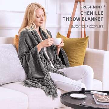 FRESHMINT Throw Blanket Soft Fluffy Chenille with Decorative Tassel Fringe for Home Decor Sofa Couch Bed Gift 80 x 60 Inch, Dark Gray