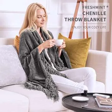 FRESHMINT Throw Blanket Soft Fluffy Chenille with Decorative Tassel Fringe for Home Decor Sofa Couch Bed Gift 80 x 60 Inch, Dark Gray