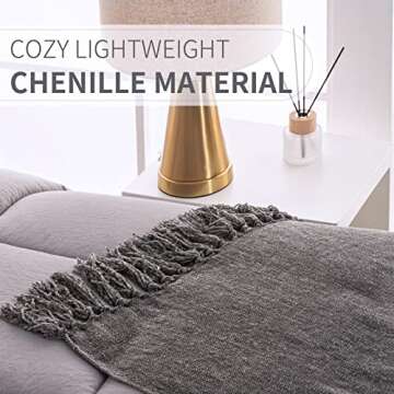 FRESHMINT Throw Blanket Soft Fluffy Chenille with Decorative Tassel Fringe for Home Decor Sofa Couch Bed Gift 80 x 60 Inch, Dark Gray