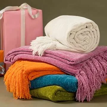 FRESHMINT Throw Blanket Soft Fluffy Chenille with Decorative Tassel Fringe for Home Decor Sofa Couch Bed Gift 80 x 60 Inch, Dark Gray