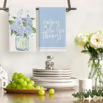 Artoid Mode Blue Hydrangea Motto Spring Kitchen Towels Dish Towels, 18x26 Inch Farmhouse Decoration Hand Towels Set of 4