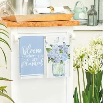 Artoid Mode Blue Hydrangea Motto Spring Kitchen Towels Dish Towels, 18x26 Inch Farmhouse Decoration Hand Towels Set of 4