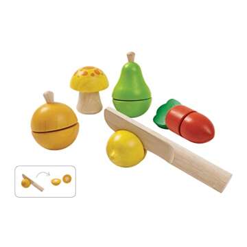 PlanToys Wooden Fruit and Vegetable Pretend Play Food Playset with Knife and Velcro (5337) | Sustainably Made from Rubberwood and Non-Toxic Paints and Dyes