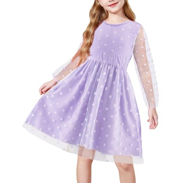 Arshiner Girls Easter Dress Spring Long Sleeve Polka Dot Wedding Guest Lavender Lilac Birthday Dress