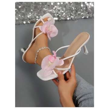 MakeMeChic Women's 3D Flower Square Open Toe Sandals Slip On Slides Summer Pyramid Heels White 8