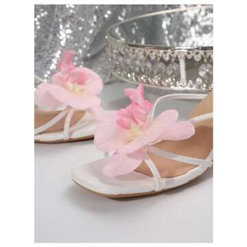 MakeMeChic Women's 3D Flower Square Open Toe Sandals Slip On Slides Summer Pyramid Heels White 8