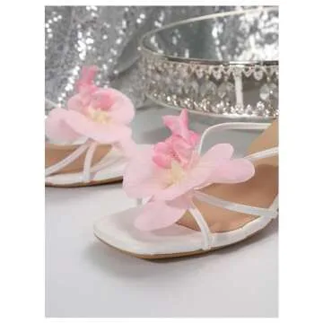 MakeMeChic Women's 3D Flower Square Open Toe Sandals Slip On Slides Summer Pyramid Heels White 8