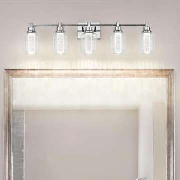 zeyu 5-Light LED Vanity Lighting Fixture, 23.4W Dimmable Vanity Light with 3 Colors (Warm/Neutral/Cool Light), Chrome Bathroom Vanity Lighting with Crystal Bubble and Clear Glass, ZJF74B LED-5W CH
