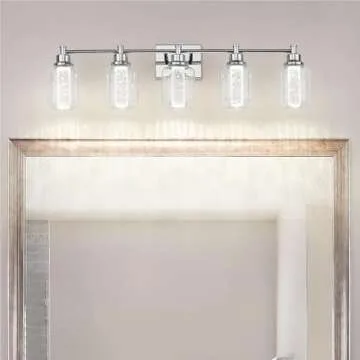 zeyu 5-Light LED Vanity Lighting Fixture, 23.4W Dimmable Vanity Light with 3 Colors (Warm/Neutral/Cool Light), Chrome Bathroom Vanity Lighting with Crystal Bubble and Clear Glass, ZJF74B LED-5W CH