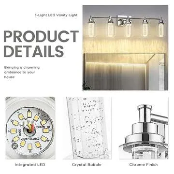 zeyu 5-Light LED Vanity Lighting Fixture, 23.4W Dimmable Vanity Light with 3 Colors (Warm/Neutral/Cool Light), Chrome Bathroom Vanity Lighting with Crystal Bubble and Clear Glass, ZJF74B LED-5W CH