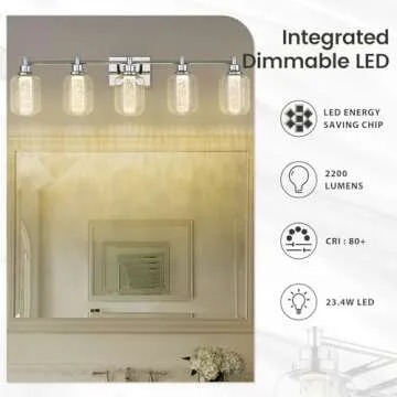 zeyu 5-Light LED Vanity Lighting Fixture, 23.4W Dimmable Vanity Light with 3 Colors (Warm/Neutral/Cool Light), Chrome Bathroom Vanity Lighting with Crystal Bubble and Clear Glass, ZJF74B LED-5W CH