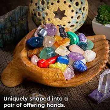 Curawood Carved Hands Offering Bowl - Crystal Holder for Stones, Rock Collection Holder, Crystal Display Storage Tray, Wooden Hands Bowl for Keys - Rock Display Case for Shelf, Stand, Altar Decor (M)