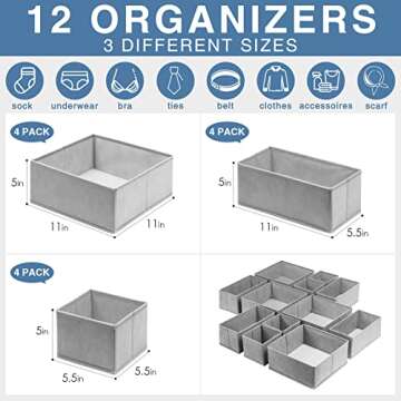 Criusia Drawer Organizer for Clothing, 12 Pack Sock Underwear Drawer Organizer Bins, Foldable Fabric Closet Organizers and Storage, Dresser Drawer Dividers for Baby Clothes, Bra, Scarves, Belt, Tie